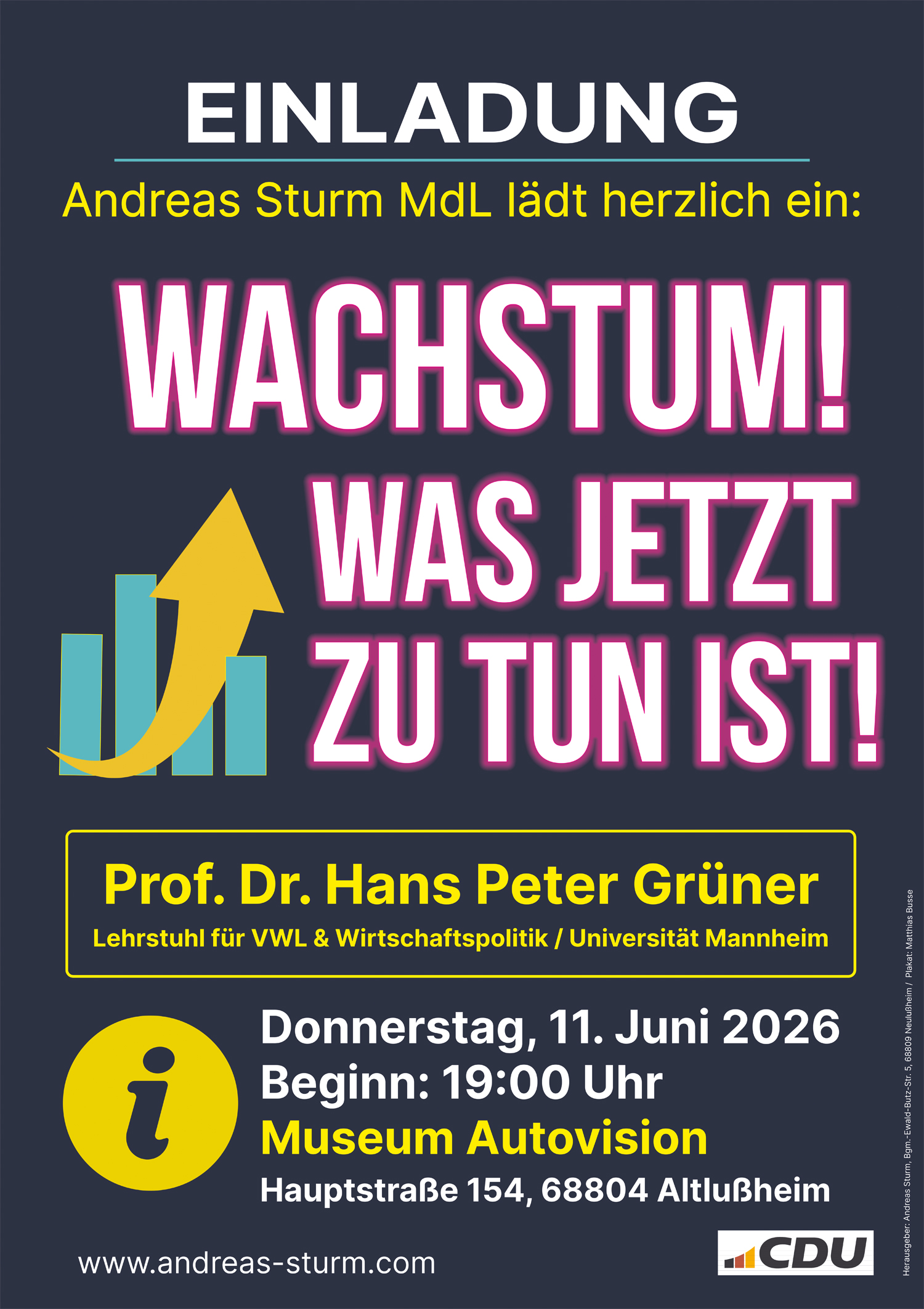 Plakatank�ndigung: Prof. Gr�ner in Altlu�heim: �Wachstum! Was jetzt zu tun ist!